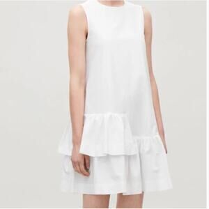 Cos Sleeveless Cotton Poplin Ruffle Bottom Shift Dress Ivory White Women Size 8